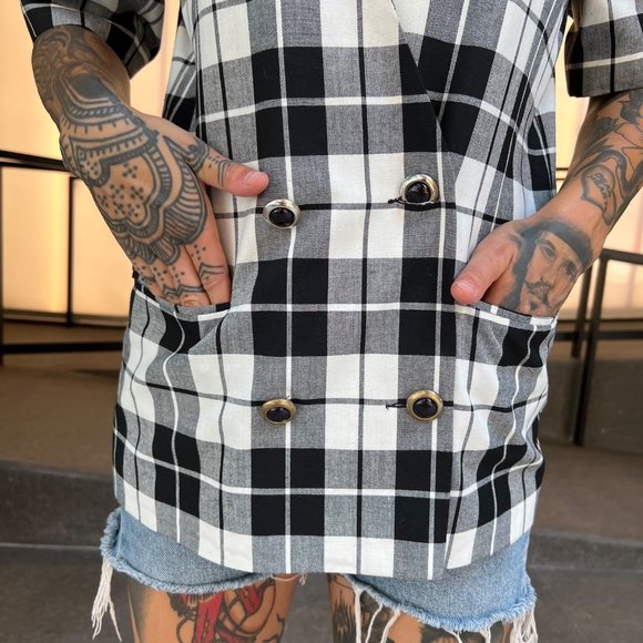 VINTAGE/Women's Long Boxy Short Sleeve Fitted Blazer Plaid Pattern sz 12 - Picture 9 of 16